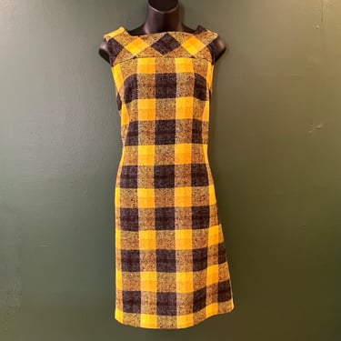 mustard plaid wool dress 1960s fall tartan shift medium 