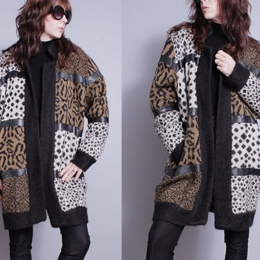 Vintage 1980's | Animal Print | Oversized | Cardigan Style | Sweater | Wool Blend | Coat | L or Oversized 