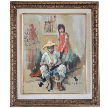 1960-70s Vintage Original VLADAN STIHA Oil on Canvas Painting, Shoeshine Boy and Girl. Southwest / Western Art New Mexico Matted and Framed 