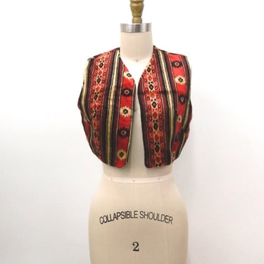 Vintage Carpet Vest |  70s  Cropped Boho Vest |  Red Black & Gold Tapestry  |  X Small 