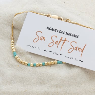 Sun Salt Sand Morse Code Bracelet in 14K Gold filled or Sterling Silver, Hidden Message Bracelet for the Beach Lover, Waterproof Bracelet 