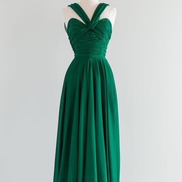 Stunning 1970s Emerald Green Chiffon Gown By Victor Costa NOS / Med