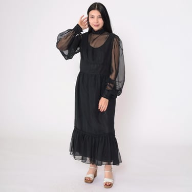 Vintage 70s Black Chiffon Gothic Dress Sheer Bishop Sleeves Ruffled Hem Midi High Neck Evening Party Gown Dramatic Witchy Victorian Small 6 