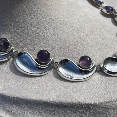 Vintage Taxco Sterling Silver and Amethyst Stone Comma Link Choker Necklace - 15.5 Inches 