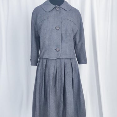 Vintage 60s Wool Skirt Suit // Glenhaven Grey Suit Pleated Skirt 