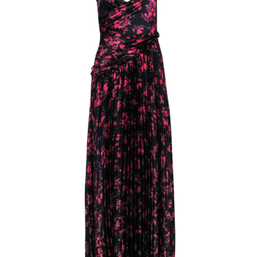 Monique Lhuillier - Black w/ Pink &amp; Purple Floral Print Pleated Formal Dress Sz 2
