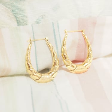 Estate 14K Puffy Hoop Earrings, Decorated Yellow Gold Oval Huggie Hoops, Textured & Polished Accents, 35mm 