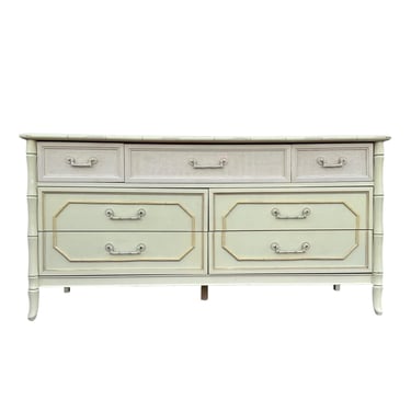 Broyhill Faux Bamboo Dresser with 7 Drawers 60" - Vintage Creamy White Hollywood Regency Palm Beach Coastal Rattan Style Bedroom Furniture 