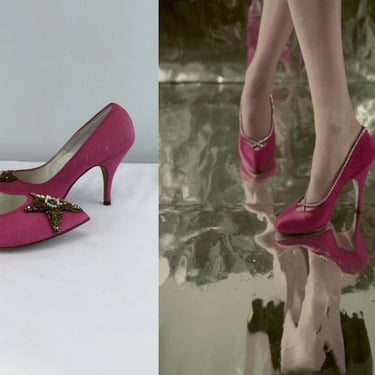 Vixen Struts - Vintage 1950s 1960s Fuchsia Pink Peau de Soie & Beaded Heels - 5 