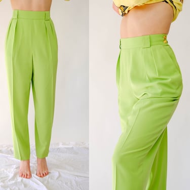 Vintage 80s 90s MONDI Lime Green Pleated High Waisted Tapered Leg Pants | Made in Germany | 1980s 1990s Designer Boho Silky Summer Slacks 