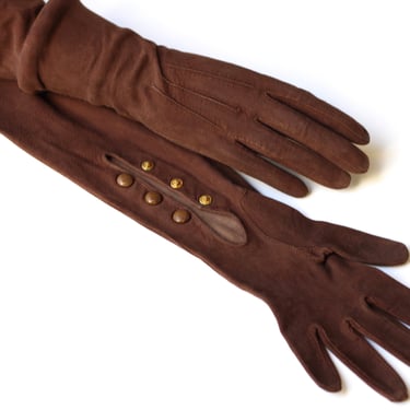 1930s Perrins Mousquetaire Kid Suede Opera Gloves - Women’s Elbow Length Dark Brown Leather Fashion Gloves Size 6 