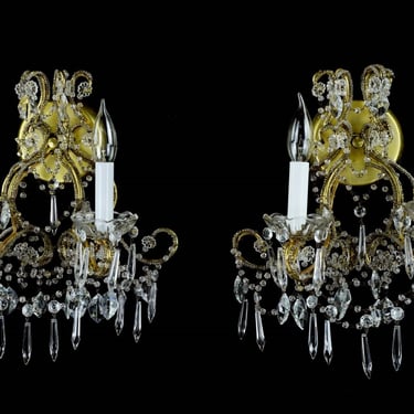 Pair of Victorian Brass &#038; Crystal 2 Arm Wall Sconces