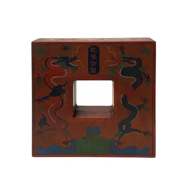 Chinese Distressed Brick Red Dragon Graphic Square Shape Box ws2292E 
