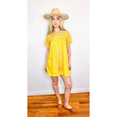 Hand Embroidered Oaxacan Mini Dress // vintage cotton boho hippie Mexican embroidered dress hippy yellow blouse tunic sun // O/S 