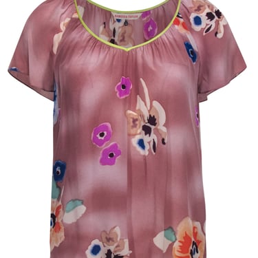 Rebecca Taylor - Mauve & Multicolor Floral Print Short Sleeve Silk Blouse Sz 2