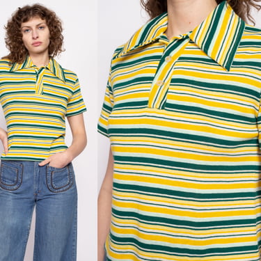 70s Yellow & Green Striped Cropped Polo Shirt Large | Vintage Retro Short Sleeve Collared Crop Top 