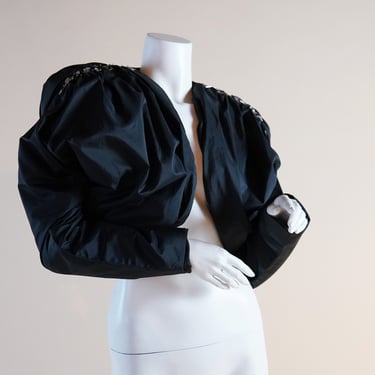 1980s Fabrice Simon silk shrug with beaded shoulder - vintage designer cropped black jacket with exaggerated voluminous shoulder and beading 