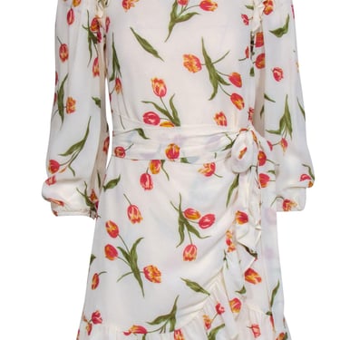 Reformation - Ivory Floral Long Sleeve Mini Wrap Dress Sz 2
