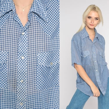 Gingham Western Shirt 70s Blue White Pearl Snap Button Up Top Rodeo Short Sleeve Checkered Plaid Vintage 1970s Men's Extra Large xl 17 1/2 