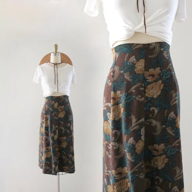 floral wallpaper skirt 26-28 - vintage 90s y2k womens size small dark floral elastic waist brown flowers woven scarf print 