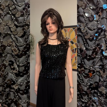 Vintage 1960s Black Sequin Chevron Sleeveless Tank Crop Top / 60s 70s Cocktail Party Holiday New Year's 
