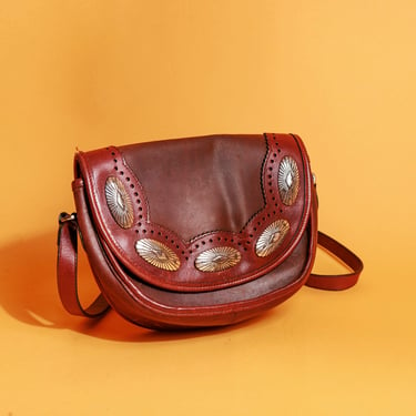 90s Brown Leather Embossed Crossbody Bag Vintage Brighton Western Silver Purse 