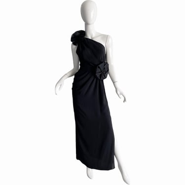 70s Joy Stevens Grecian Gown / One Shoulder Origami Dress / Vintage 1970s Evening Dress XS 