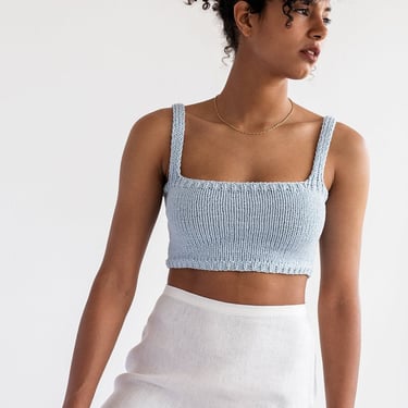 Square Neck Crop Top, Minimal Knit Top, Cropped Yoga Top, Hand Knit, Square Neckline,Sports Knit Bra, Fitted Cotton Bralette in Sky Blue 