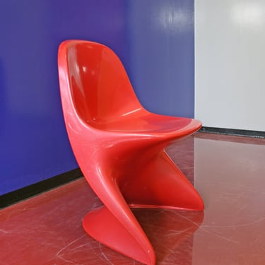 Red Vintage Alexander Begge Casalino Plastic Cantilever Kids Chair Casala Retro Space Age Atomic Era Mid Century Modern Child Children Desk 