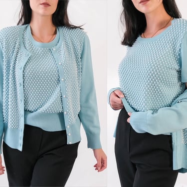Vintage 90s ESCADA Soft Blue Pearl Beaded Cardigan Sweater & Matching Top Set | Made in Germany | 100% Wool | 1990s Escada Designer Sweater 
