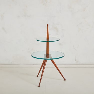 Two-Tier Glass Top Side Table with Wooden Tripod Frame, Italy 1950s