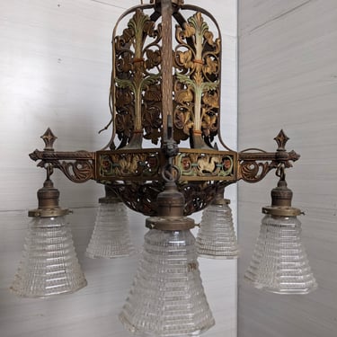 Vintage 1920s Art Deco Nouveau Polychrome Chandelier 19 x 24