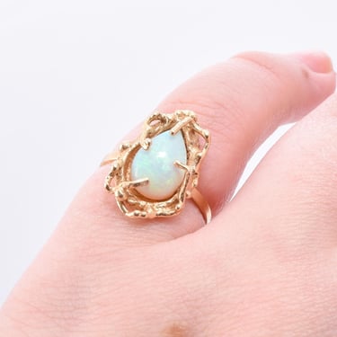 Brutalist 14K Gold Opal Nest Ring, Organic Gold Ring with Teardrop Opal, Estate Jewelry, Size 4 1/2 