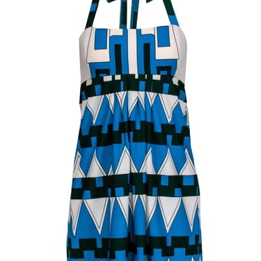 Tibi - Blue, Green, & Ivory Halter w/ Geometric Print Mini Dress Sz S