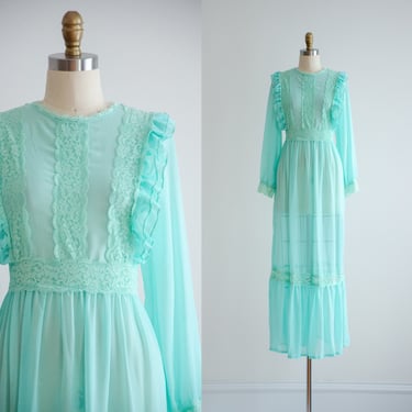 cute cottagecore dress 70s style vintage sheer mint green lace long sleeve prairie boho maxi dress 