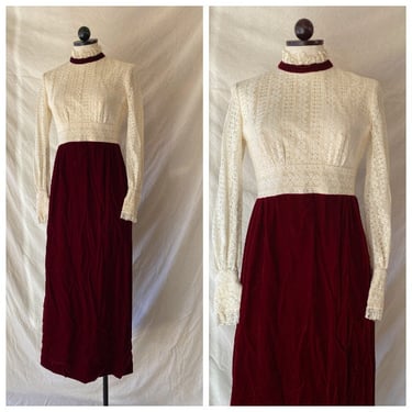 60s/70s Crushed Velvet and Lace Victorian Revival Dress Size S / M 