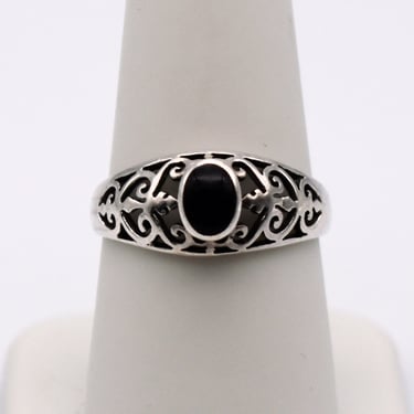 80's SU 925 silver onyx size 7.75 Byzantine ring, black oval cab sterling vines Thailand solitaire 