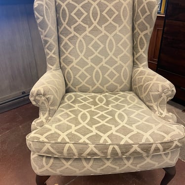 Grey & Cream Patterned Wing Chair