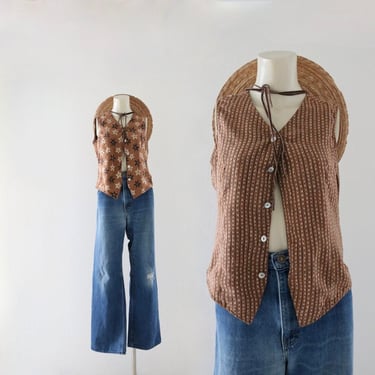 reversible silk vest-top - xs - vintage 90s y2k cropped brown tan floral striped womens size extra small sleeveless blouse shirt 