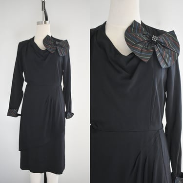 1940s Packard Black Rayon Crepe Dress with Plaid Taffeta Bow Accent 