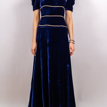 1930s Royal Blue Velvet Evening Gown with Gold Sequin Trim