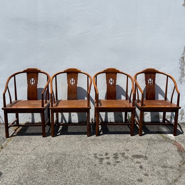 Set of 4 Henredon Chairs Cane Barrel Back Solid Wood Asian Chinoiserie Armchairs Dashia Buchanan Dining CLub Chairs CUSTOM PAINT Avail 
