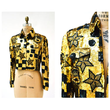 Vintage Sequin Jacket Black and Gold Metallic With Stars Medium by French Collizioni// Vintage Metallic Black Sequin Jacket Astrology Stars 