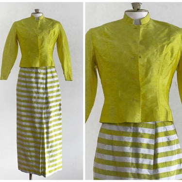 1960s chartreuse and gray silk skirt and jacket 