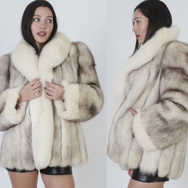 Plush 80s Saga Arctic Fox Fur Jacket, Two Tone Ivory Shawl Collar, Off White Suede Corded Coat 