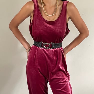 90s stretch velvet jumpsuit / vintage garnet burgundy stretch velvet scoop neck sleeveless tank tapered leg Jane Fonda one piece jumpsuit M 