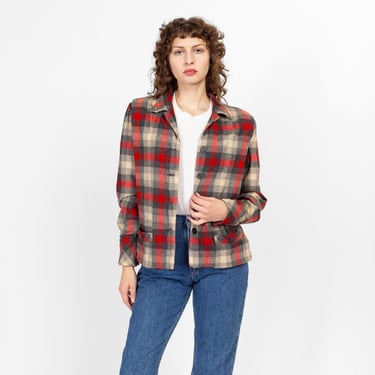 Medium 1950s Red Plaid 49er Shirt Jacket | Vintage 50s Rockabilly Button Up Pocket Overshirt Shacket 