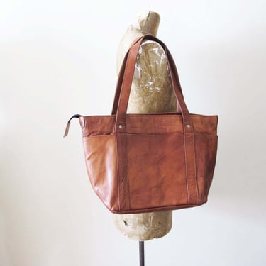 Vintage Brown  Leather Tote Bag with Zipper - Large Leather Shoulder Purse - Book Bag Weekender Overnight Travel Bag 