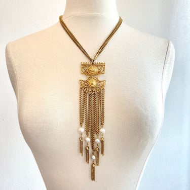 Vintage 60s 70s STATEMENT Necklace / Ornate Gold Medallion + Chains With Pearl Tassels 