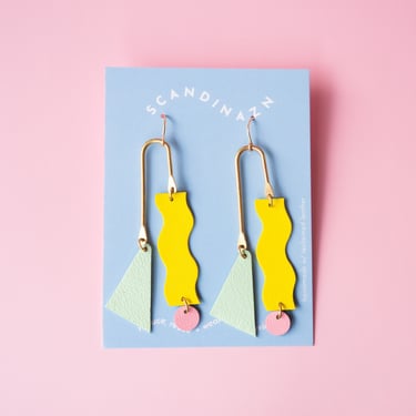 Squiggle Mobile Earrings in Yellow + Mint Green - Colourful Asymmetrical Statement Leather earrings with Geometric Shapes 